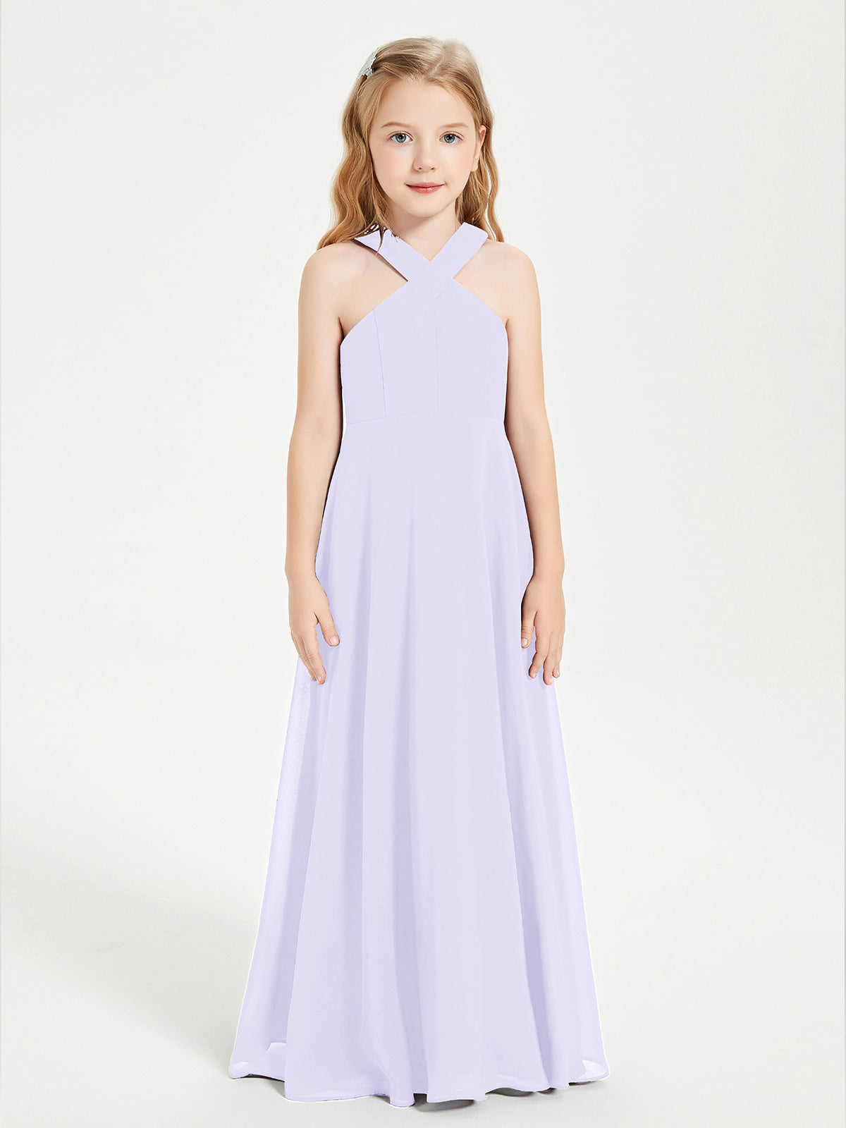 Grecian Neckline Long Dresses for Junior Bridesmaids Lilac